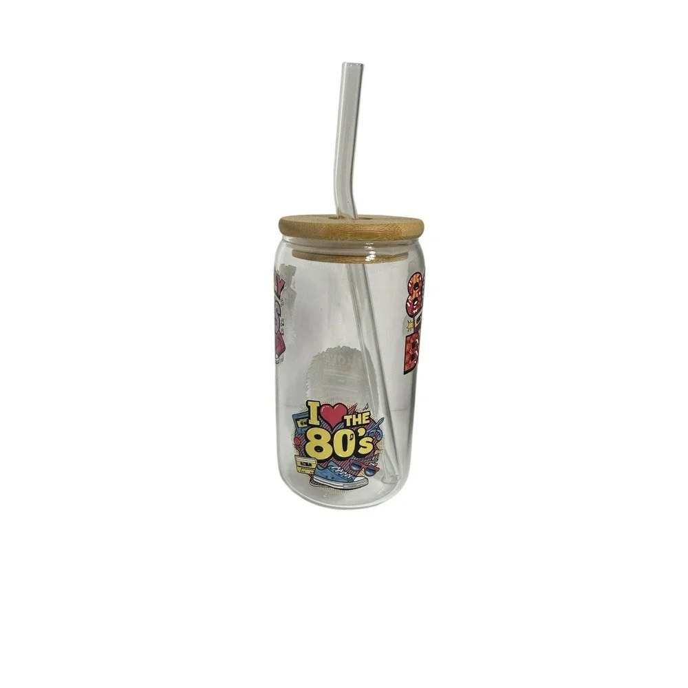 NEW custom GLASS TUMBLER bamboo lid GLASS STRAW handmade 80s retro vintage